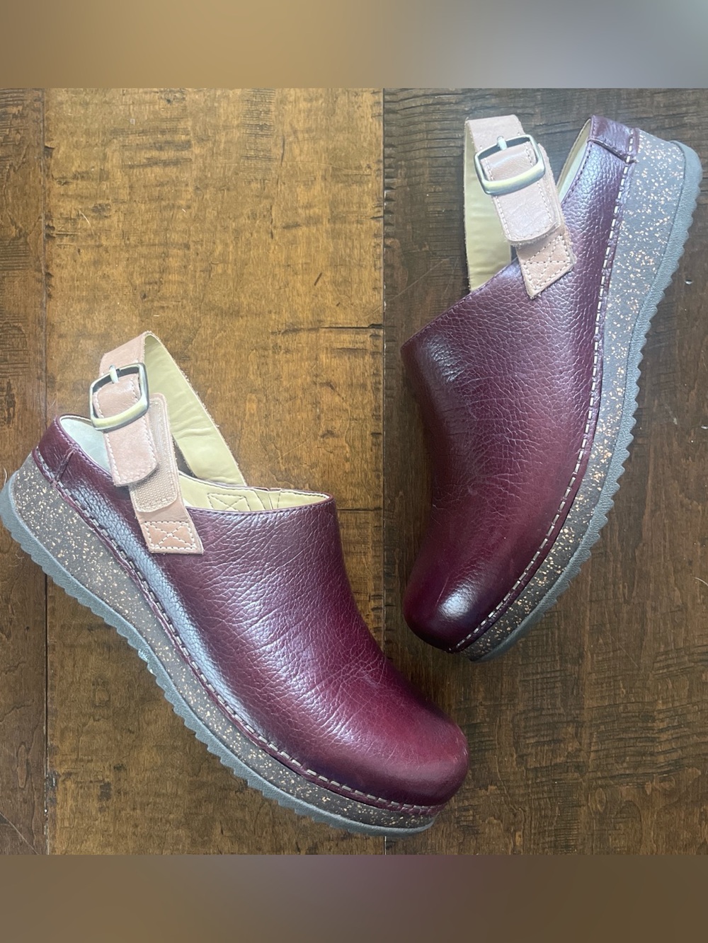 Dansko Merrin burgundy Cordovan pebbled leather adjustable slingbsck strap clogs